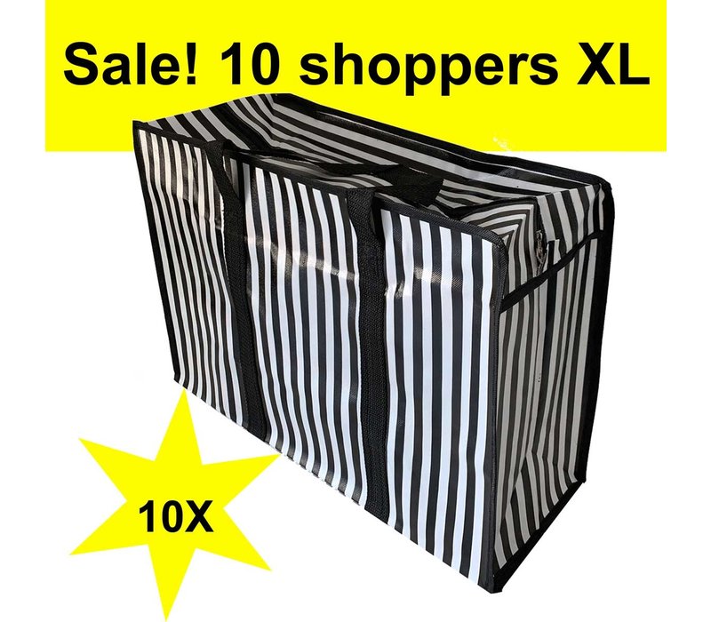 Big Shoppers met rits XL (10 stuks) - 70 x 50 cm - Strepen - Zwart -Set van 10