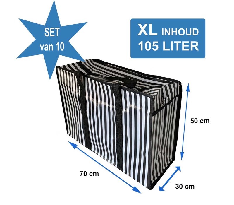 Big Shoppers met rits XL (10 stuks) - 70 x 50 cm - Set van 10 - Gestreept - Zwart