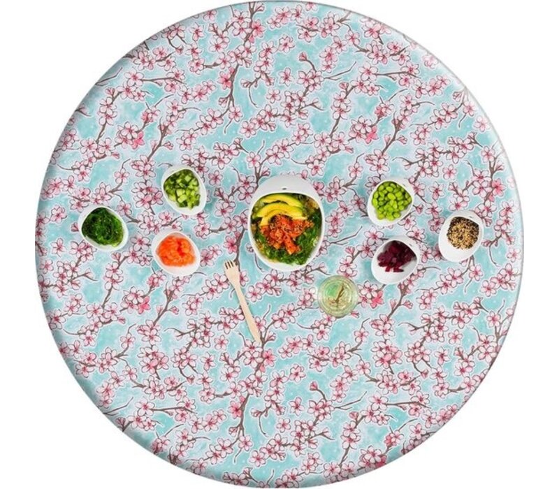Mexicaans Rond Tafelzeil - Ø 120 cm - Kersenbloesem - Mintgroen