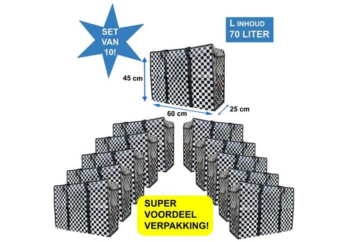 MixMamas Big Shoppers met rits (10 stuks) - 60 x 45 cm - Ruitje - Zwart -Set van 10