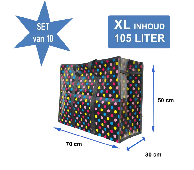 Big Shoppers met rits XL (10 x) - 70 x 50 cm - Stippen - Zwart -Set van 10
