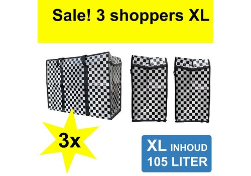 MixMamas Big Shopper met rits -70 x 50 cm - Ruit - Zwart -Set van 3
