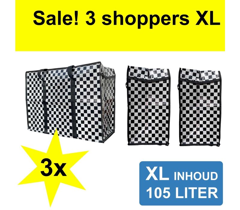 Big Shopper met rits -70 x 50 cm - Ruit - Zwart -Set van 3