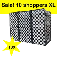 Big Shopper XL met rits -70 x 50 cm - Ruit - Zwart -Set van 10