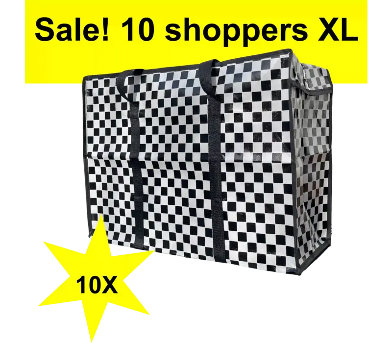 Big Shopper XL met rits -70 x 50 cm - Ruit - Zwart -Set van 10