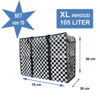 Big Shopper XL met rits -70 x 50 cm - Ruit - Zwart -Set van 10