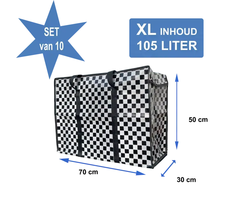 Big Shopper XL met rits -70 x 50 cm - Ruit - Zwart -Set van 10