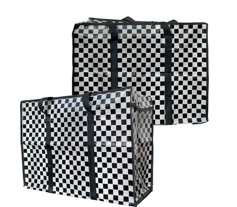 Big Shopper met rits -70 x 50 cm - Ruit - Zwart -Set van 2