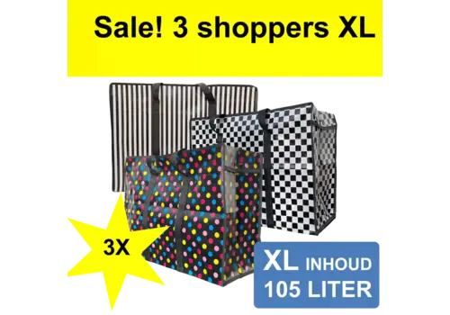 MixMamas Big Shopper met rits XL Modern - 70 x 50 cm - Set van 3