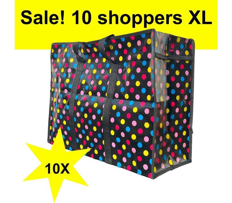 Big Shoppers met rits XL (10 x) - 70 x 50 cm - Stippen - Zwart -Set van 10