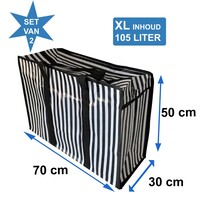 Big Shopper met rits -70 x 50 cm - Strepen - Zwart -Set van 2