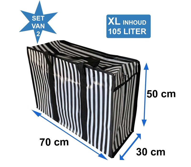 Big Shopper met rits -70 x 50 cm - Strepen - Zwart -Set van 2