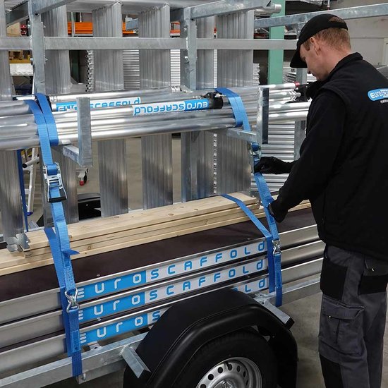 Euroscaffold Steigeraanhanger afsluitbaar 250 + Rolsteiger Basic 135x250 12,2m werkhoogte carbon vloer