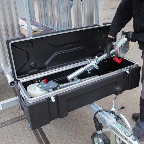 Euroscaffold Steigeraanhanger afsluitbaar 250 + Rolsteiger Standaard 135x250 12,2m werkhoogte