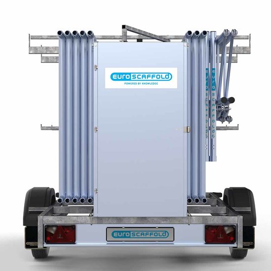 Euroscaffold Steigeraanhanger afsluitbaar 250 + Rolsteiger Standaard 135x250 8,2m werkhoogte carbon vloer enkele voorloopleuning