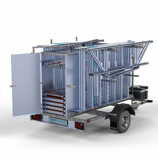 Euroscaffold Steigeraanhanger afsluitbaar 250 + Rolsteiger Professional 135x250 12,2m werkhoogte carbon vloer enkele voorloopleuning