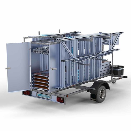 Euroscaffold Steigeraanhanger afsluitbaar 305 + Rolsteiger Standaard 135x305 10,2m werkhoogte carbon vloer enkele voorloopleuning