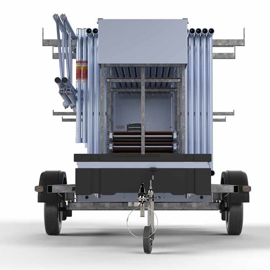 Euroscaffold Steigeraanhanger afsluitbaar 305 + Rolsteiger Standaard 135x305 10,2m werkhoogte enkele voorloopleuning