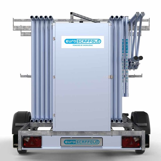 Euroscaffold Steigeraanhanger afsluitbaar 305 + Rolsteiger Standaard 135x305 10,2m werkhoogte enkele voorloopleuning