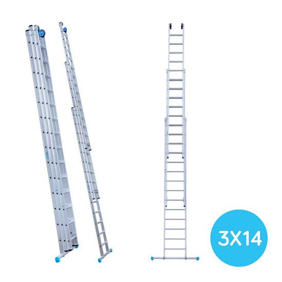 Eurostairs Eurostairs Opsteek ladder driedelig recht 3x14 sporten + gevelrollen