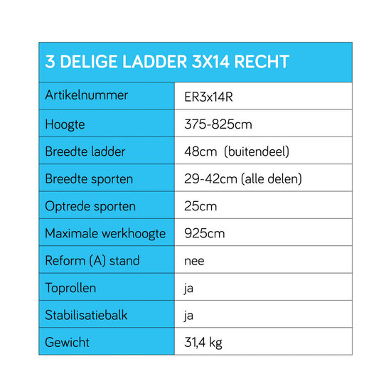 Eurostairs Eurostairs Opsteek ladder driedelig recht 3x14 sporten + gevelrollen