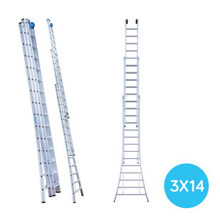 Eurostairs Opsteek ladder driedelig uitgebogen 3x14 sporten + gevelrollen