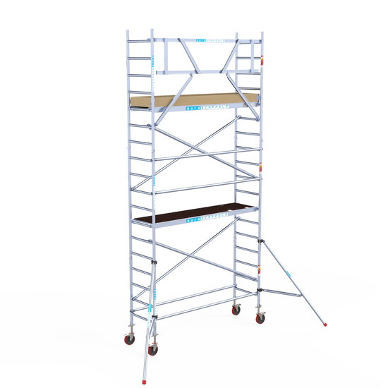 Euroscaffold Rolsteiger Euroscaffold Basic 75x250 6,2m werkhoogte carbon vloer tegen de gevel