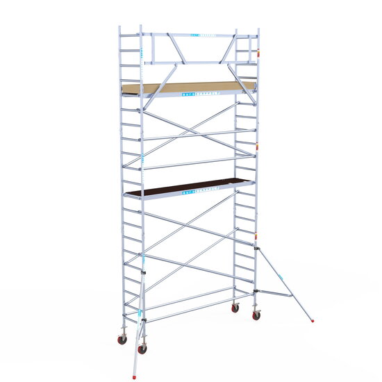 Euroscaffold Rolsteiger Euroscaffold Basic 75x305 7,2m werkhoogte carbon vloer tegen de gevel
