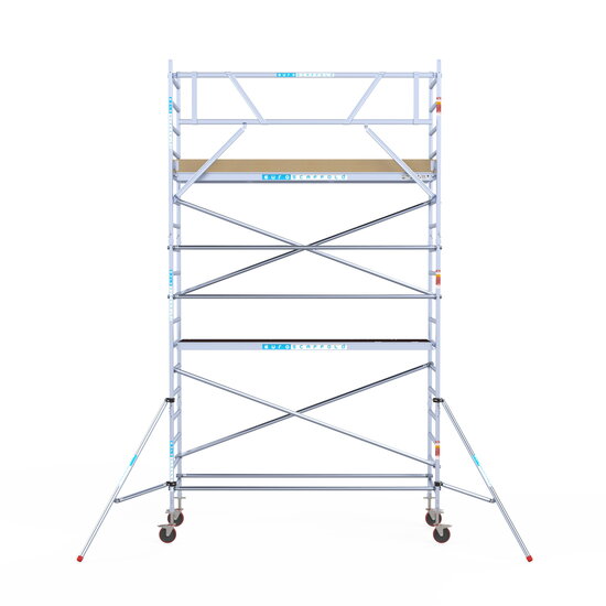 Euroscaffold Rolsteiger Euroscaffold Basic 90x305 6,2m werkhoogte carbon vloer tegen de gevel