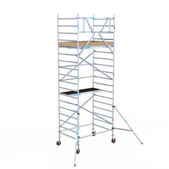 Euroscaffold Rolsteiger Euroscaffold Basic 135x190 6,2m werkhoogte carbon vloer tegen de gevel