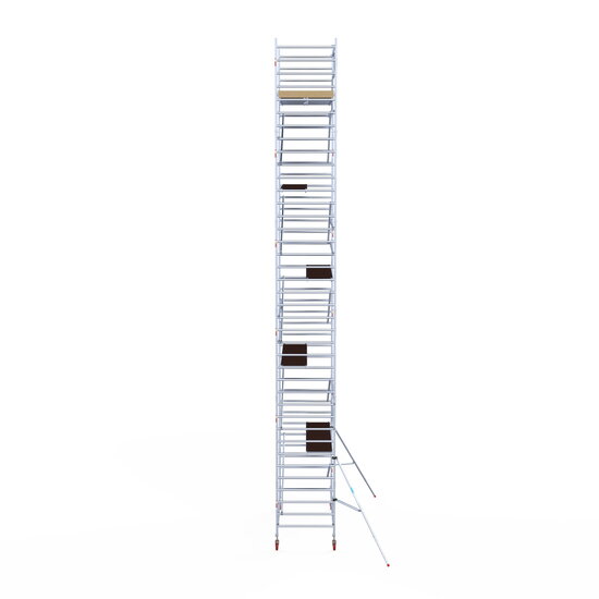 Euroscaffold Rolsteiger Euroscaffold Basic 135x305 12,2m werkhoogte carbon vloer tegen de gevel