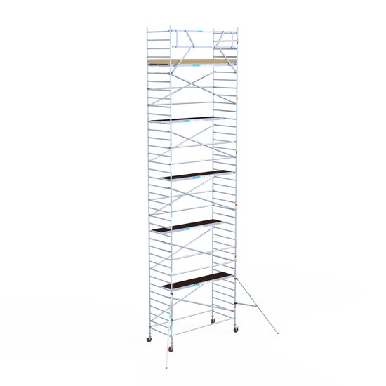 Euroscaffold Rolsteiger Euroscaffold Basic 135x305 12,2m werkhoogte carbon vloer tegen de gevel