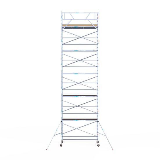 Euroscaffold Rolsteiger Euroscaffold Basic 135x305 12,2m werkhoogte carbon vloer tegen de gevel