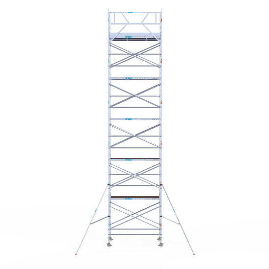 Euroscaffold Rolsteiger Euroscaffold Original 135x250 12,2m werkhoogte carbon vloer tegen de gevel