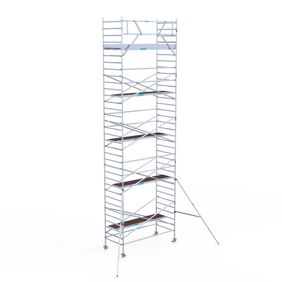 Euroscaffold Rolsteiger Euroscaffold Original 135x305 11,2m werkhoogte carbon vloer tegen de gevel