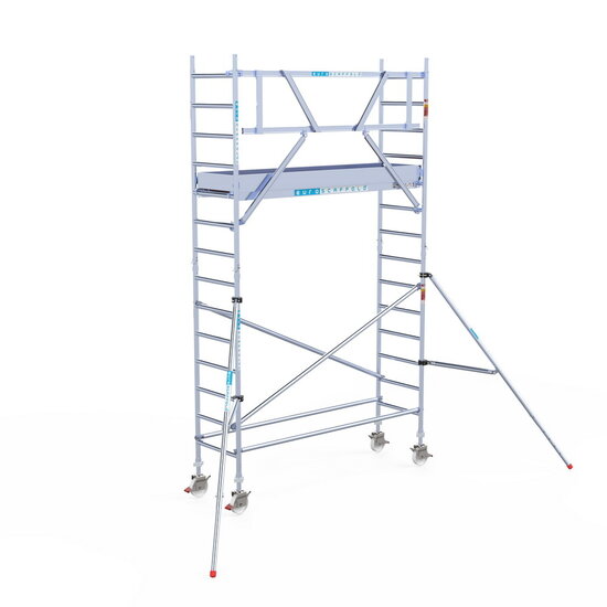 Euroscaffold Rolsteiger Euroscaffold Professional 75x250 5,2m werkhoogte carbon vloer tegen de gevel