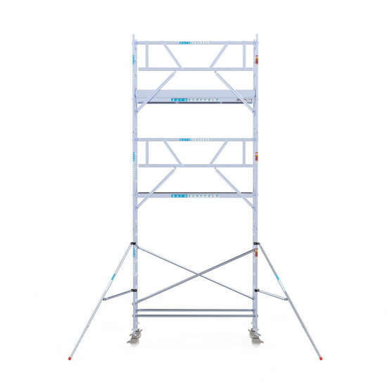 Euroscaffold Rolsteiger Euroscaffold Professional 75x250 7,2m werkhoogte carbon vloer tegen de gevel