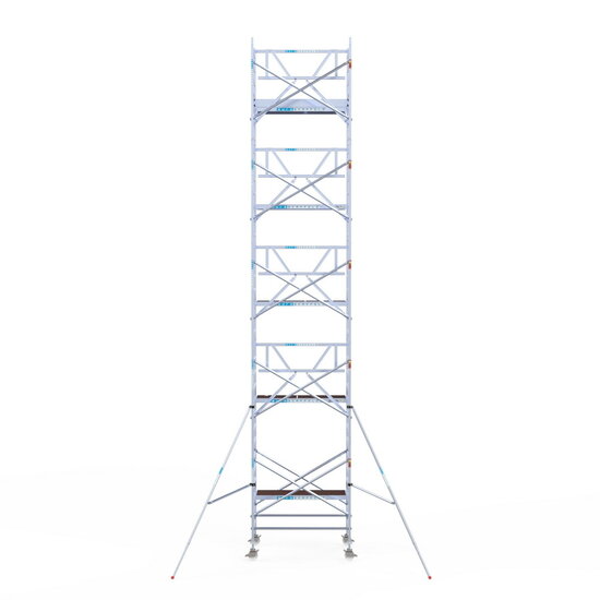 Euroscaffold Rolsteiger Euroscaffold Professional 135x190 11,2m werkhoogte carbon vloer tegen de gevel