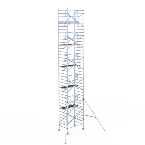 Euroscaffold Rolsteiger Euroscaffold Professional 135x190 12,2m werkhoogte carbon vloer tegen de gevel