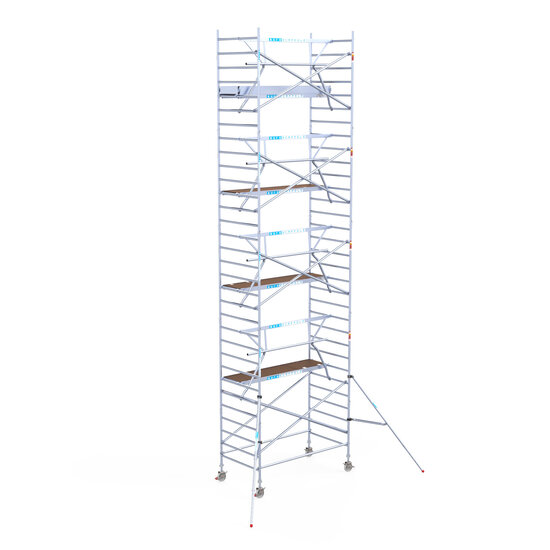 Euroscaffold Rolsteiger Euroscaffold Professional 135x250 10,2m werkhoogte carbon vloer tegen de gevel