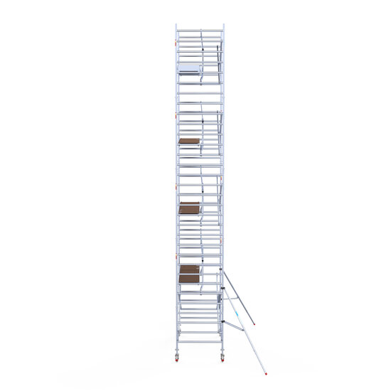 Euroscaffold Rolsteiger Euroscaffold Professional 135x250 10,2m werkhoogte carbon vloer tegen de gevel