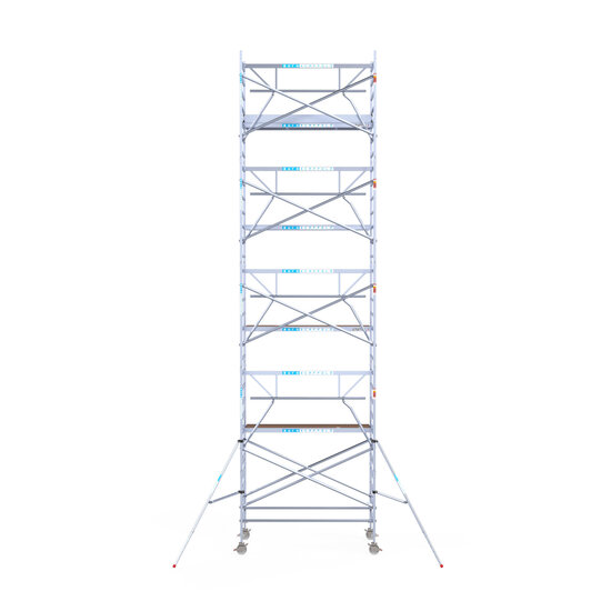 Euroscaffold Rolsteiger Euroscaffold Professional 135x250 10,2m werkhoogte carbon vloer tegen de gevel