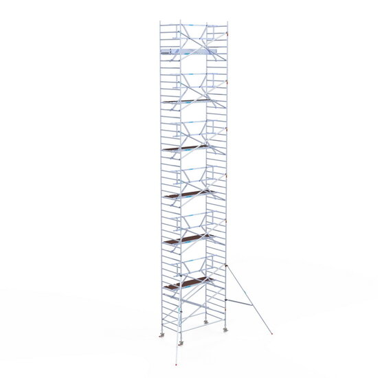 Euroscaffold Rolsteiger Euroscaffold Professional 135x250 14,2m werkhoogte carbon vloer tegen de gevel