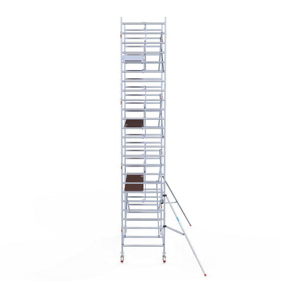 Euroscaffold Rolsteiger Euroscaffold Professional 135x305 8,2m werkhoogte carbon vloer tegen de gevel