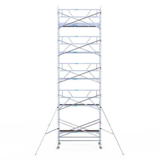 Euroscaffold Rolsteiger Euroscaffold Professional 135x305 11,2m werkhoogte carbon vloer tegen de gevel