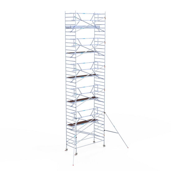 Euroscaffold Rolsteiger Euroscaffold Professional 135x305 12,2m werkhoogte carbon vloer tegen de gevel