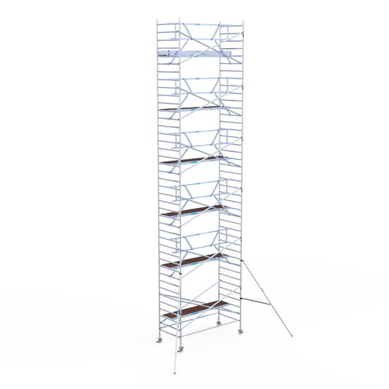 Euroscaffold Rolsteiger Euroscaffold Professional 135x305 13,2m werkhoogte carbon vloer tegen de gevel