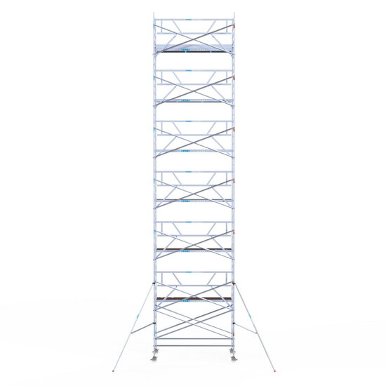 Euroscaffold Rolsteiger Euroscaffold Professional 135x305 14,2m werkhoogte carbon vloer tegen de gevel