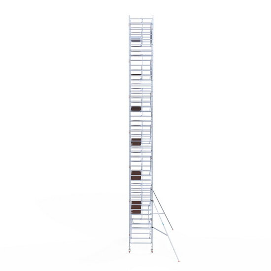 Euroscaffold Rolsteiger Euroscaffold Professional 135x305 14,2m werkhoogte carbon vloer tegen de gevel