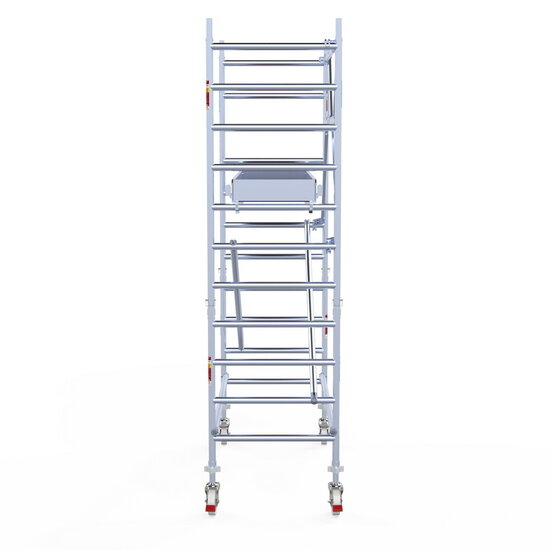 Euroscaffold Rolsteiger Euroscaffold Professional 90x190 4,2m werkhoogte carbon vloer tegen de gevel